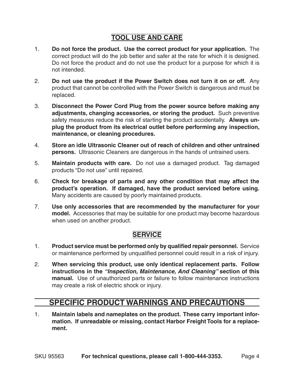 Specific product warnings and precautions | Chicago Electric 95563 User Manual | Page 4 / 12