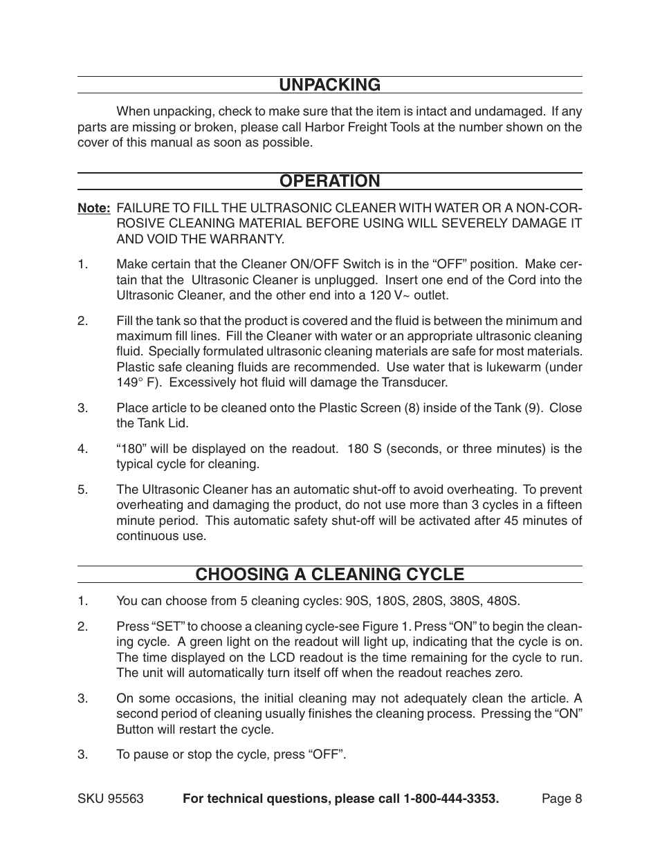 Unpacking, Operation, Choosing a cleaning cycle | Chicago Electric 95563 User Manual | Page 8 / 12