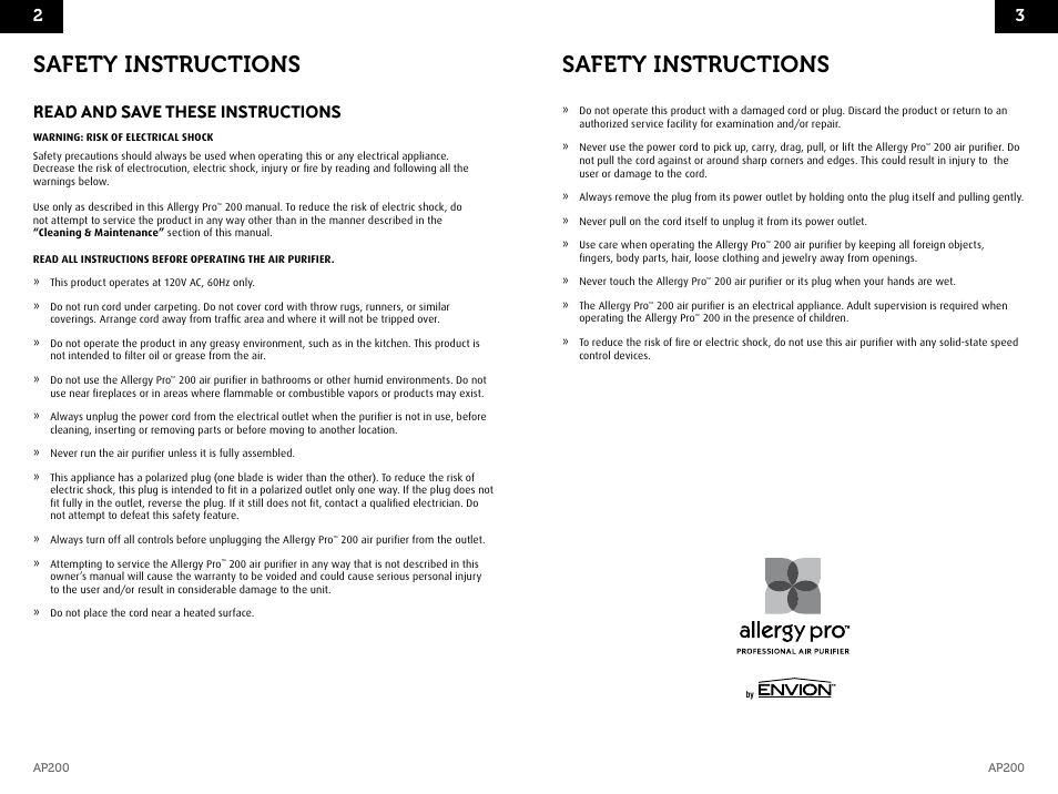 Safety instructions, Read and save these instructions | Envion AP200 User Manual | Page 3 / 8