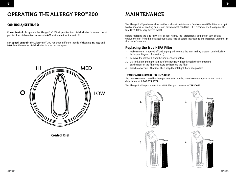 Maintenance, Operating the allergy pro | Envion AP200 User Manual | Page 6 / 8