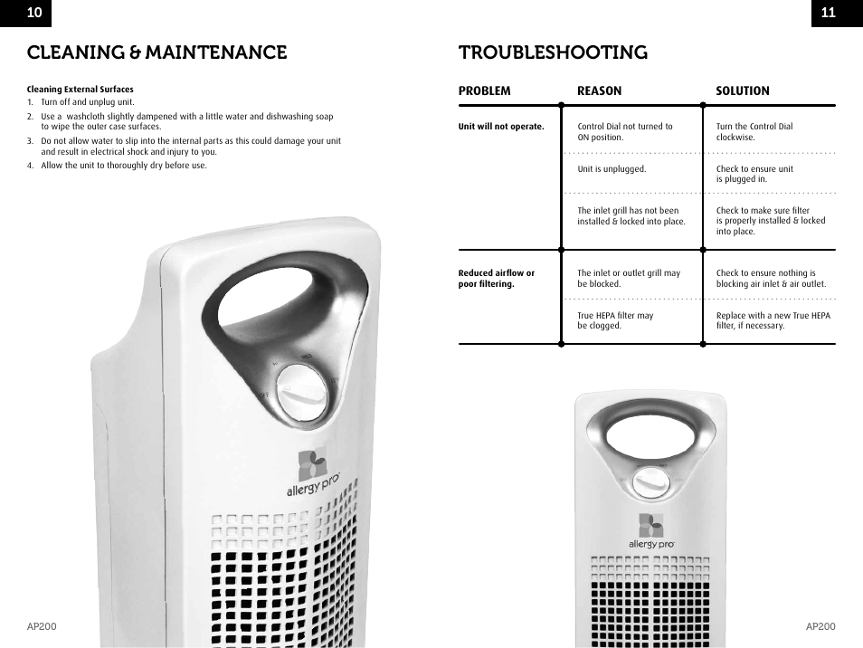 Cleaning & maintenance, Troubleshooting | Envion AP200 User Manual | Page 7 / 8