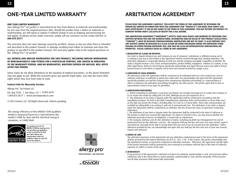 One-year limited warranty, Arbitration agreement | Envion AP200 User Manual | Page 8 / 8