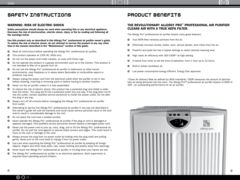 Safety instructions, Product benefits, Warning: risk of electric shock | The revolutionary allergy pro | Envion AP350 User Manual | Page 3 / 8