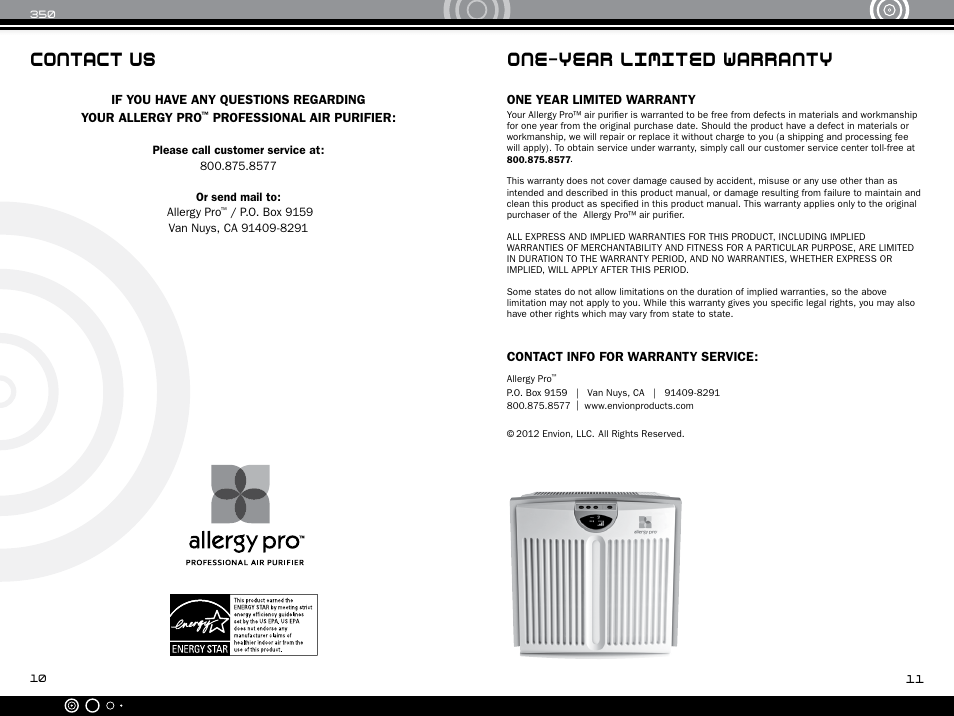 One-year limited warranty, Contact us | Envion AP350 User Manual | Page 7 / 8