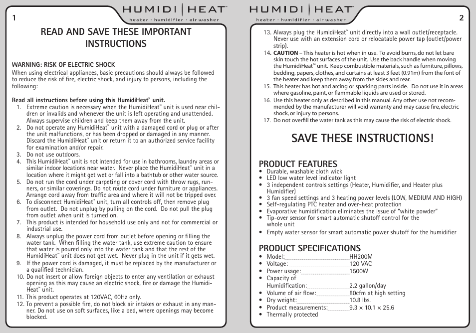 Save these instructions, Read and save these important instructions, Product features | Product specifications | Envion HH200 User Manual | Page 3 / 6