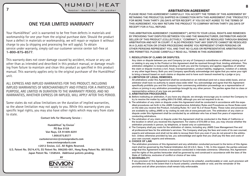 One year limited warranty | Envion HH200 User Manual | Page 6 / 6