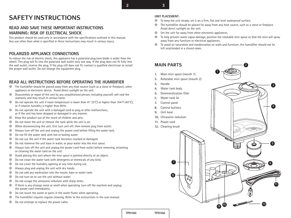 Safety instructions, Polarized appliance connections, Main parts | Envion TPH100 User Manual | Page 3 / 8