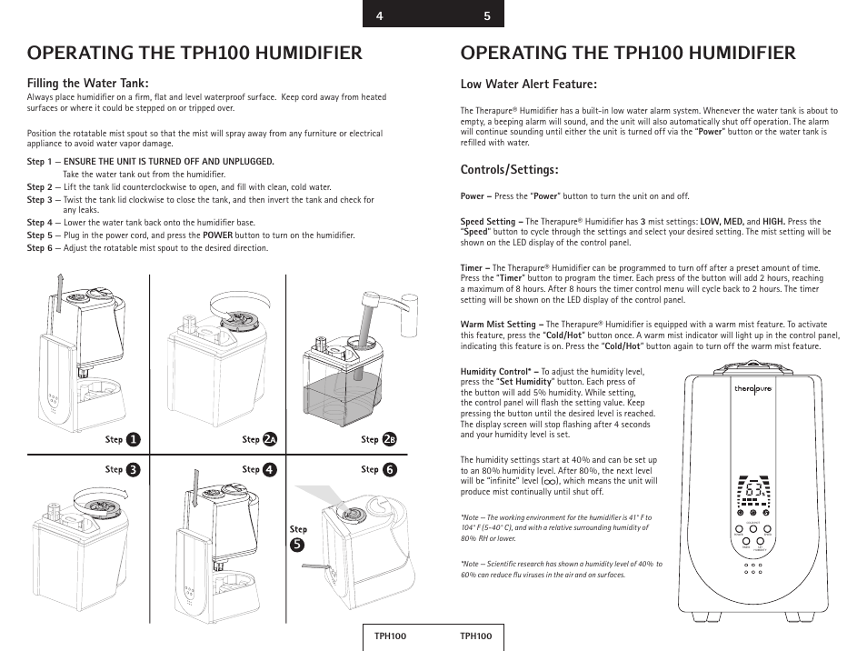 Operating the tph100 humidifier, Filling the water tank, Low water alert feature | Controls/settings | Envion TPH100 User Manual | Page 4 / 8
