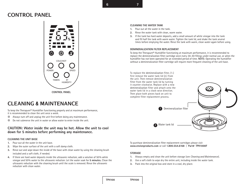 Cleaning & maintenance, Control panel | Envion TPH100 User Manual | Page 5 / 8
