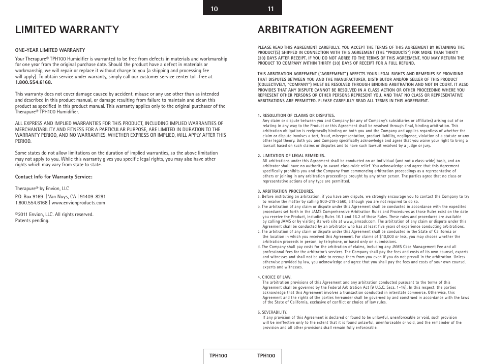 Arbitration agreement, Limited warranty | Envion TPH100 User Manual | Page 7 / 8