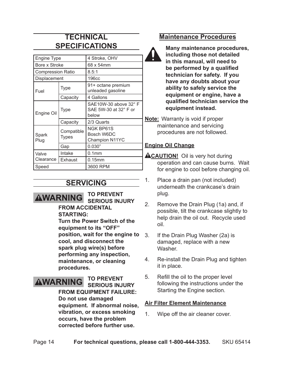 Technical specifications, Servicing, Maintenance procedures | Chicago Electric 65414 User Manual | Page 14 / 31