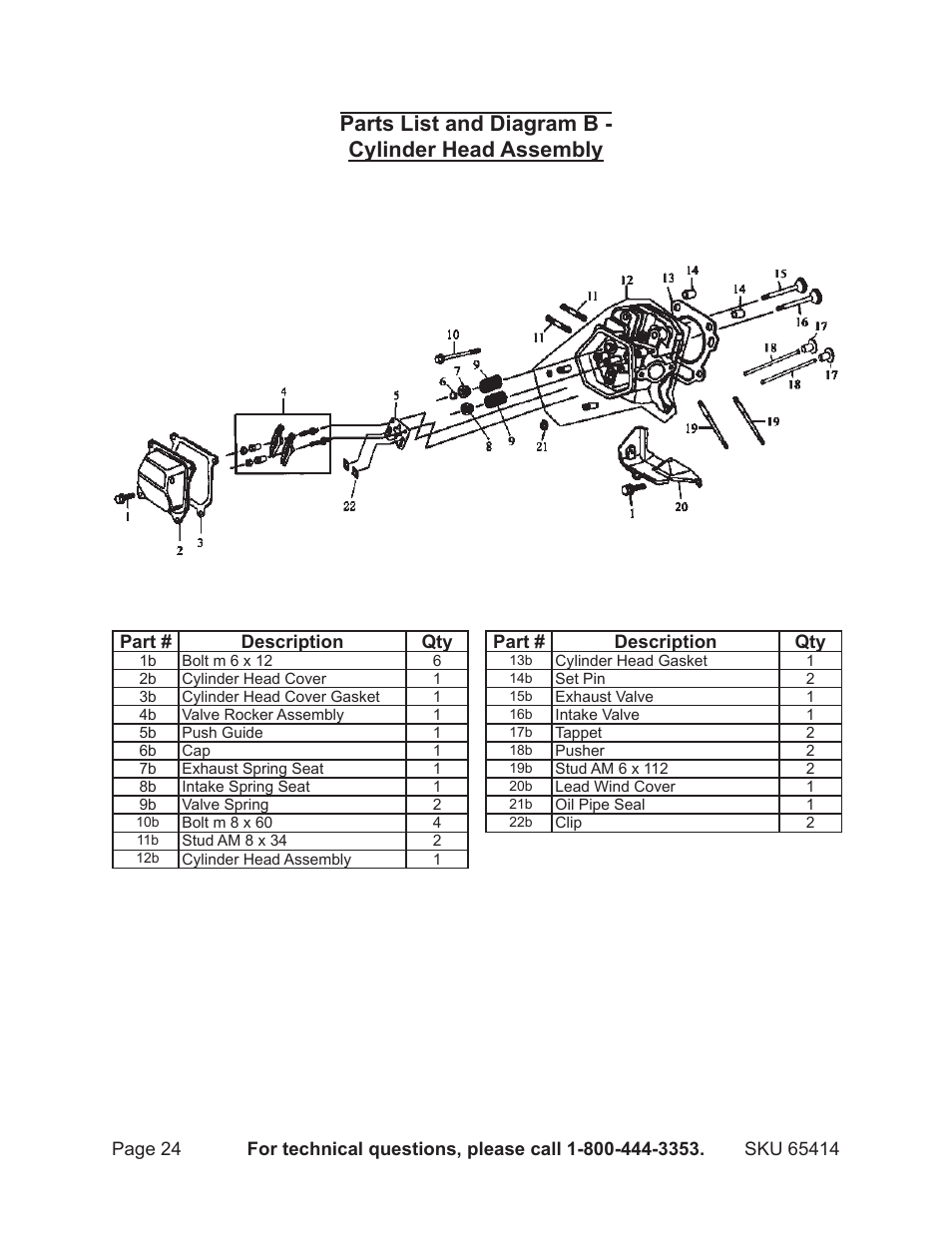 Parts list and diagram b - cylinder head assembly | Chicago Electric 65414 User Manual | Page 24 / 31