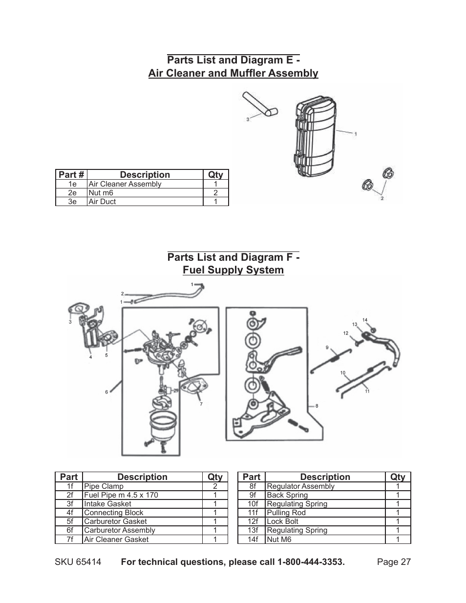 Parts list and diagram f - fuel supply system | Chicago Electric 65414 User Manual | Page 27 / 31