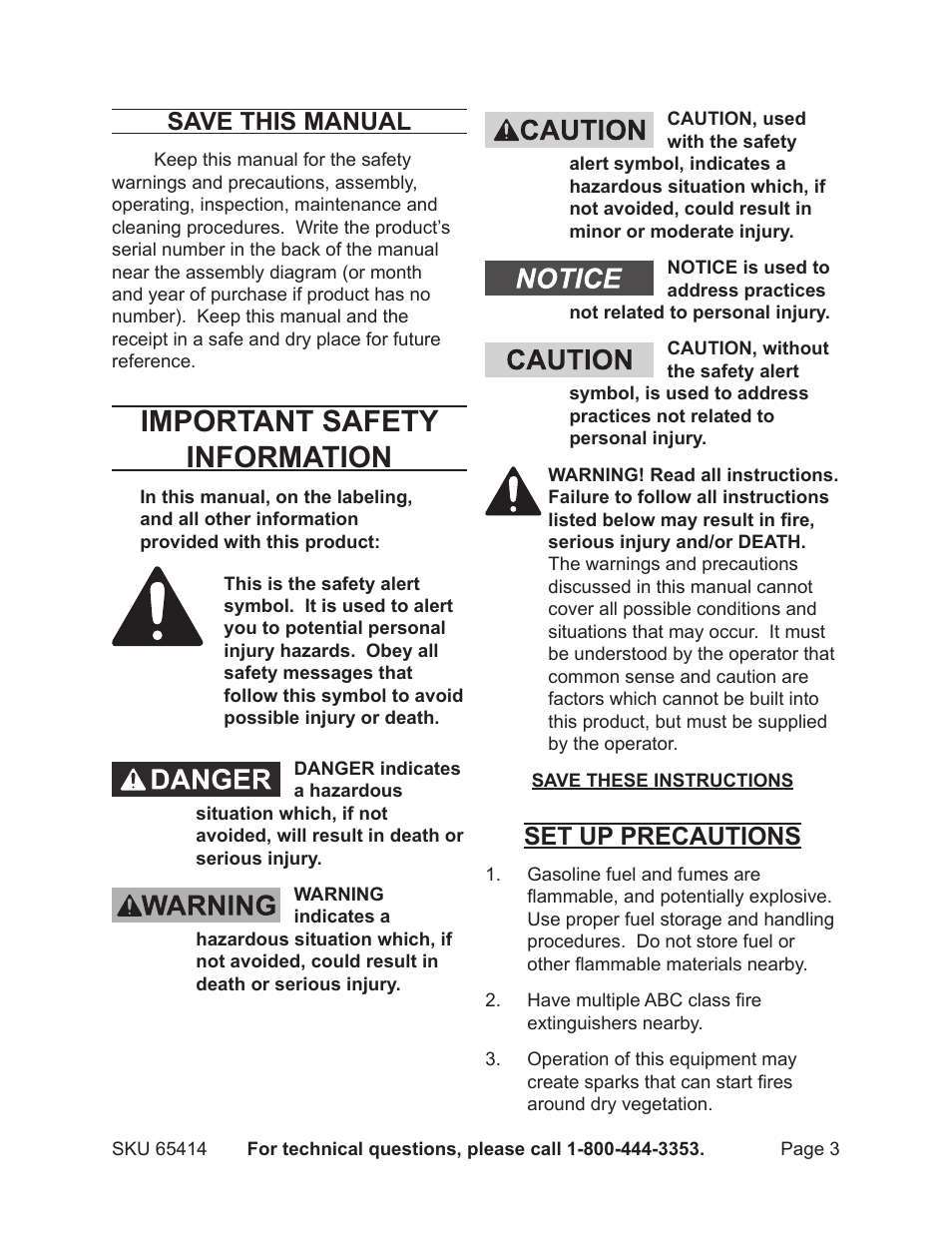 Important safety information, Save this manual, Set up precautions | Chicago Electric 65414 User Manual | Page 3 / 31