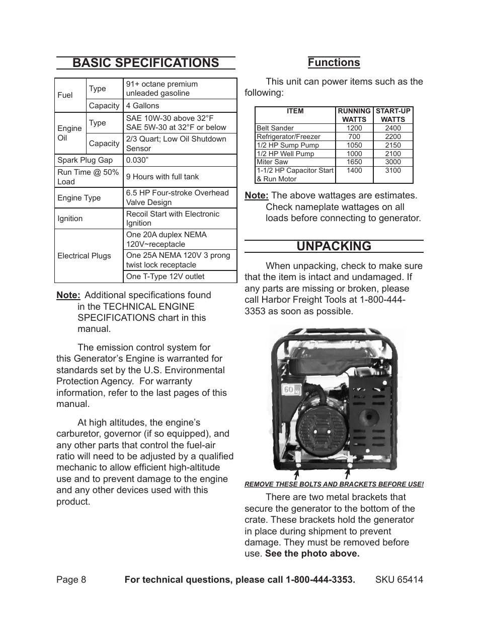 Basic specifications, Unpacking, Functions | Chicago Electric 65414 User Manual | Page 8 / 31