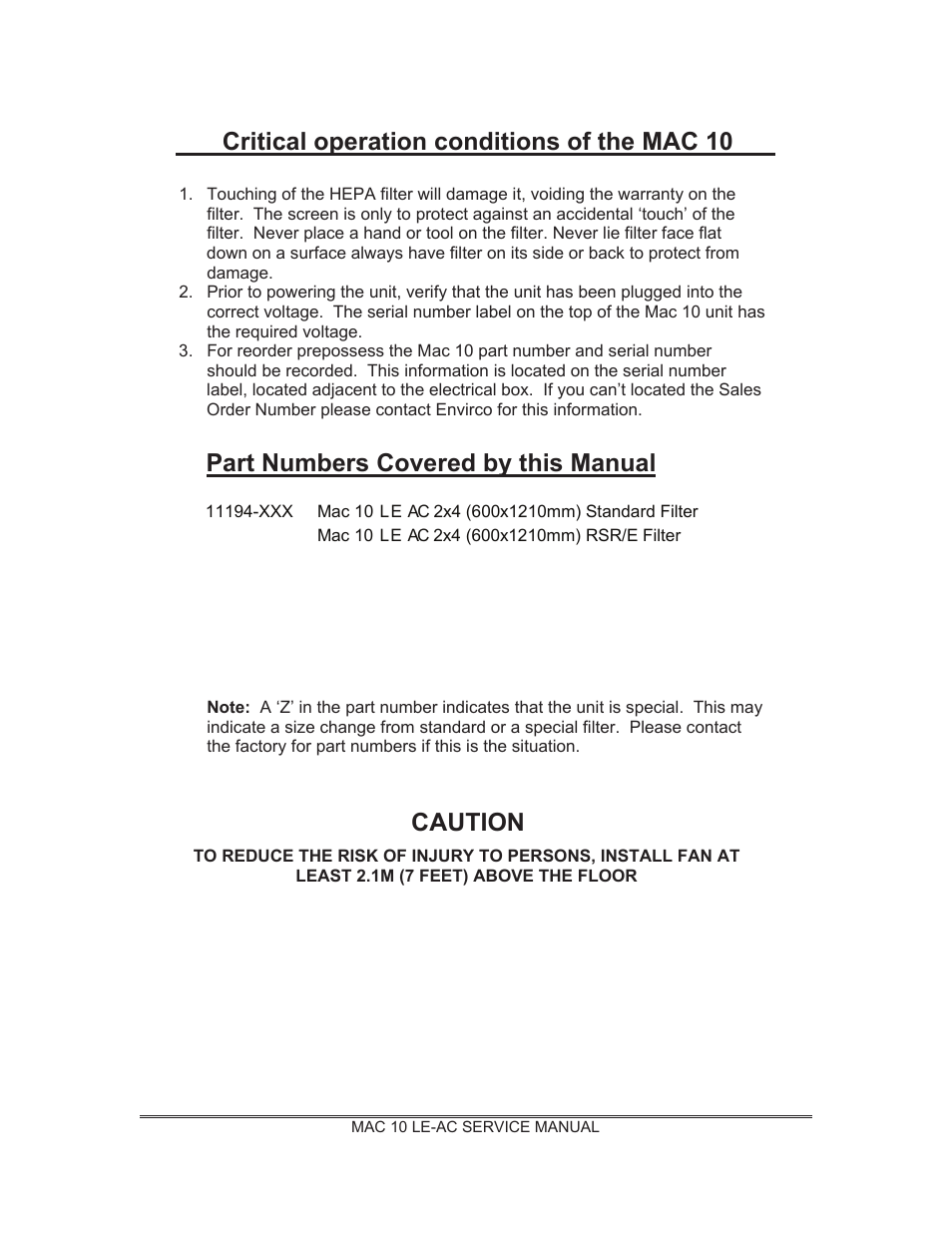 Critical operation conditions of the mac 10, Part numbers covered by this manual, Caution | Envirco MAC 10 LE-AC User Manual | Page 2 / 19