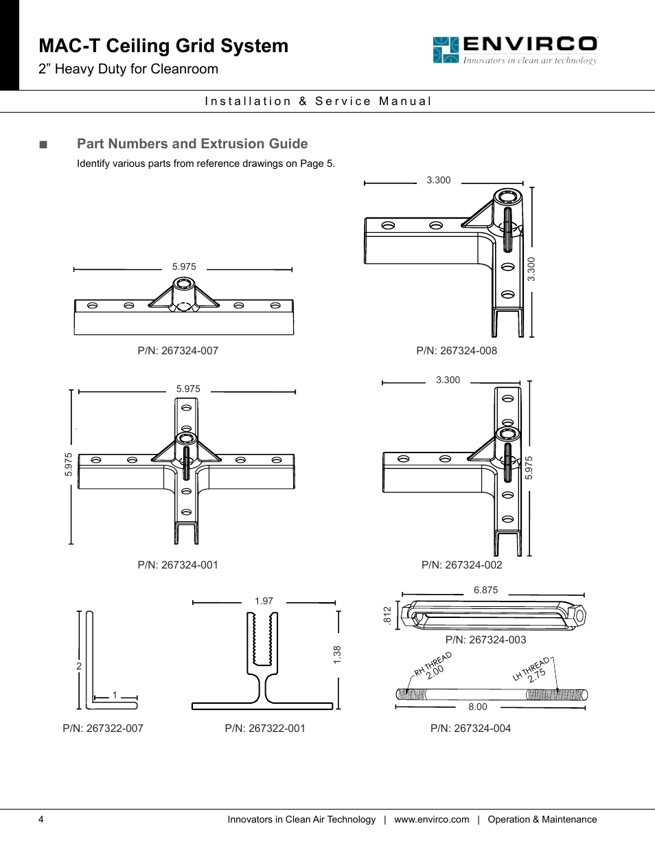 Mac-t ceiling grid system, Trion, Rch dar purchased | Sheet rev title, Scale, T-grid ceiling hardware, 2” heavy duty for cleanroom, Part numbers and extrusion guide | Envirco MAC-T Ceiling Grid System User Manual | Page 4 / 8