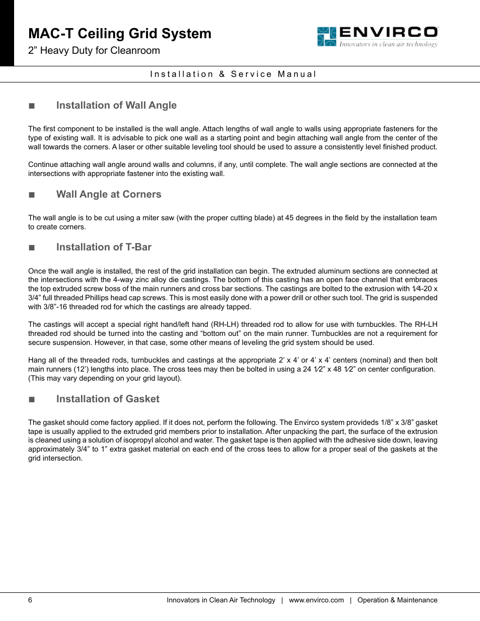 Mac-t ceiling grid system, 2” heavy duty for cleanroom, Installation of wall angle | Wall angle at corners, Installation of t-bar, Installation of gasket | Envirco MAC-T Ceiling Grid System User Manual | Page 6 / 8