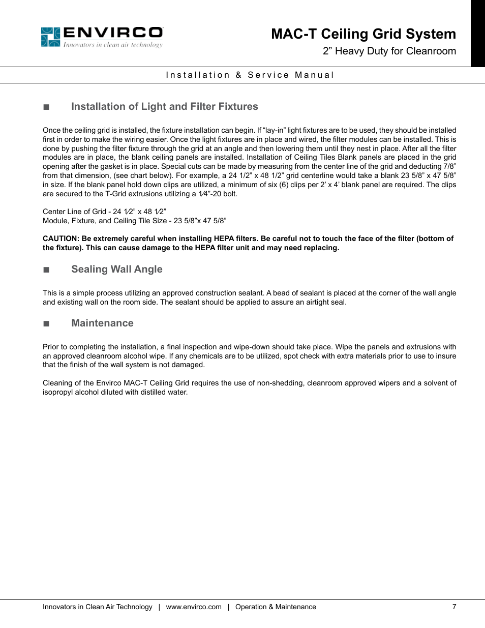 Mac-t ceiling grid system, 2” heavy duty for cleanroom, Installation of light and filter fixtures | Sealing wall angle, Maintenance | Envirco MAC-T Ceiling Grid System User Manual | Page 7 / 8