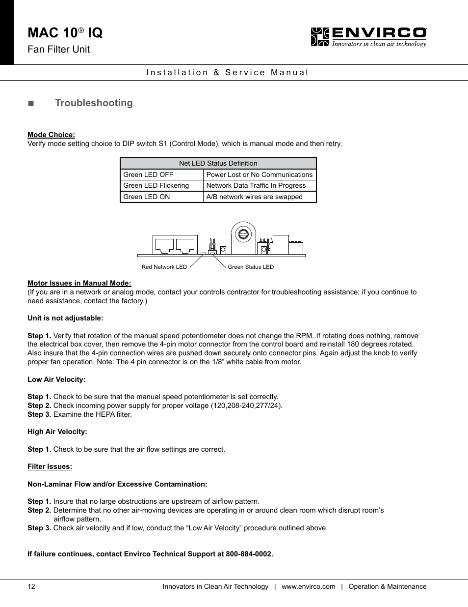 Mac 10, Fan filter unit, Troubleshooting | Envirco MAC 10 IQ User Manual | Page 12 / 28