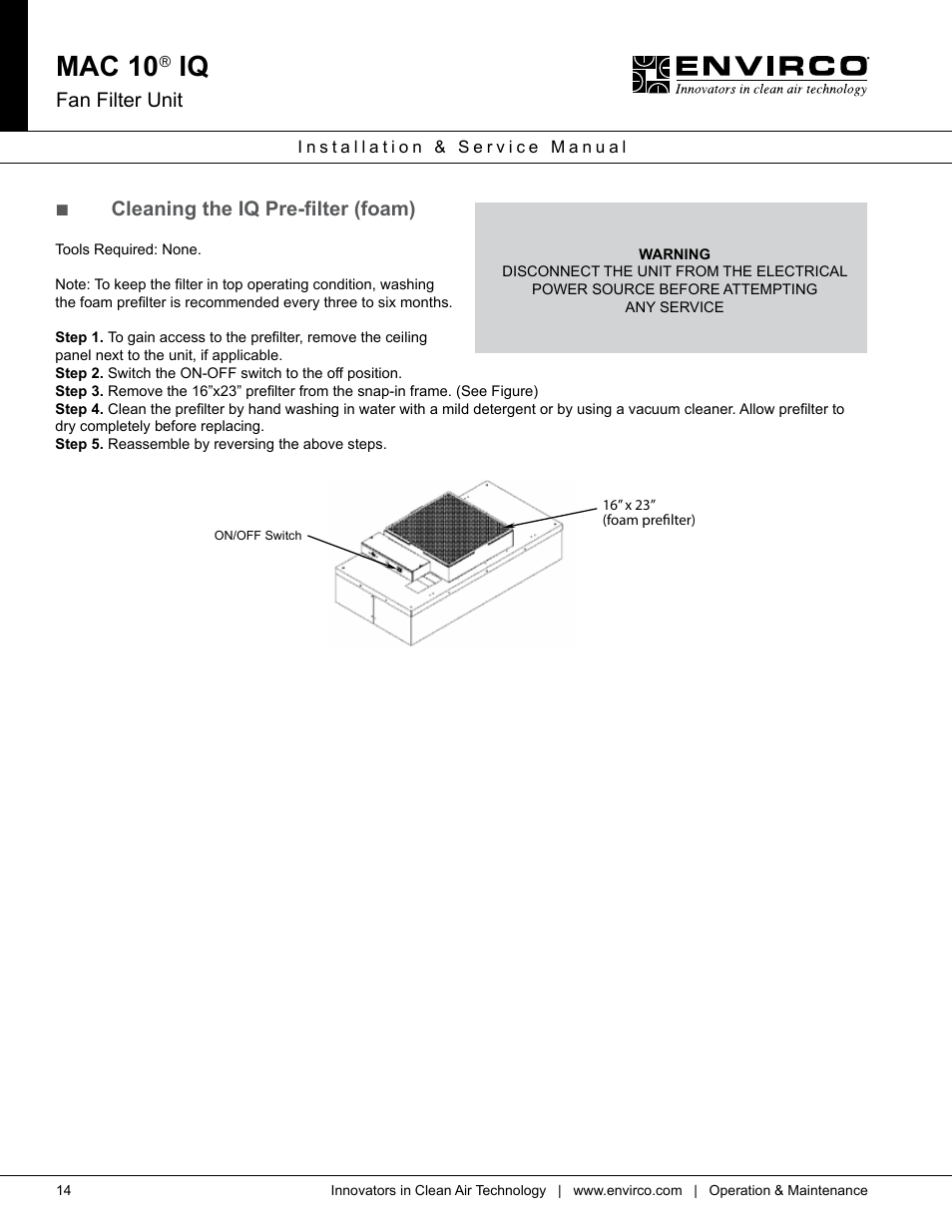 Mac 10, Fan filter unit, Cleaning the iq pre-filter (foam) | Envirco MAC 10 IQ User Manual | Page 14 / 28