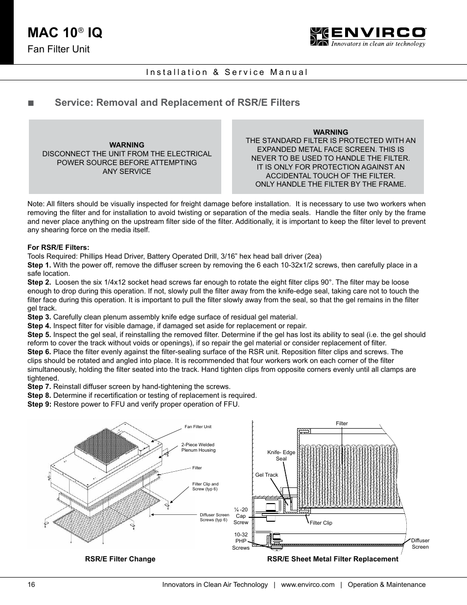 Mac 10, Fan filter unit, Service: removal and replacement of rsr/e filters | Envirco MAC 10 IQ User Manual | Page 16 / 28