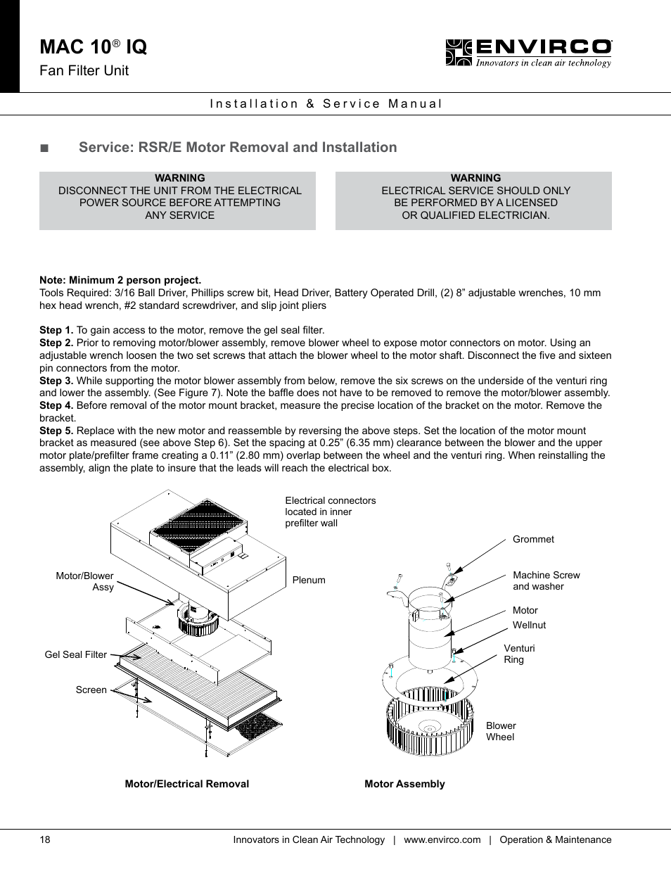 Mac 10, Fan filter unit, Service: rsr/e motor removal and installation | Envirco MAC 10 IQ User Manual | Page 18 / 28