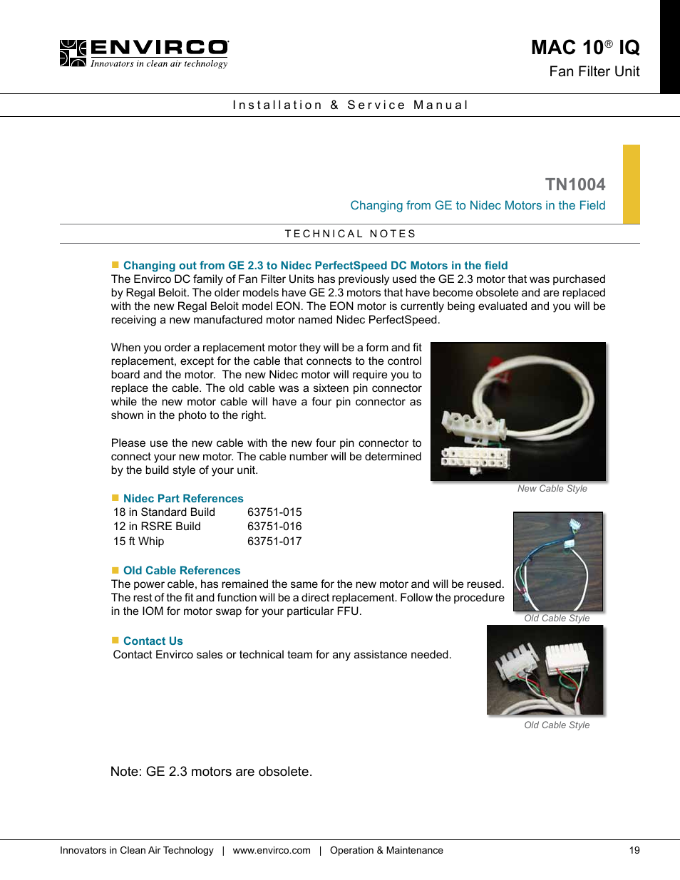 Mac 10, Tn1004, Fan filter unit | Changing from ge to nidec motors in the field | Envirco MAC 10 IQ User Manual | Page 19 / 28