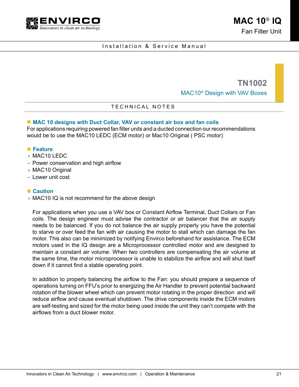 Mac 10, Tn1002, Fan filter unit | Mac10, Design with vav boxes | Envirco MAC 10 IQ User Manual | Page 21 / 28