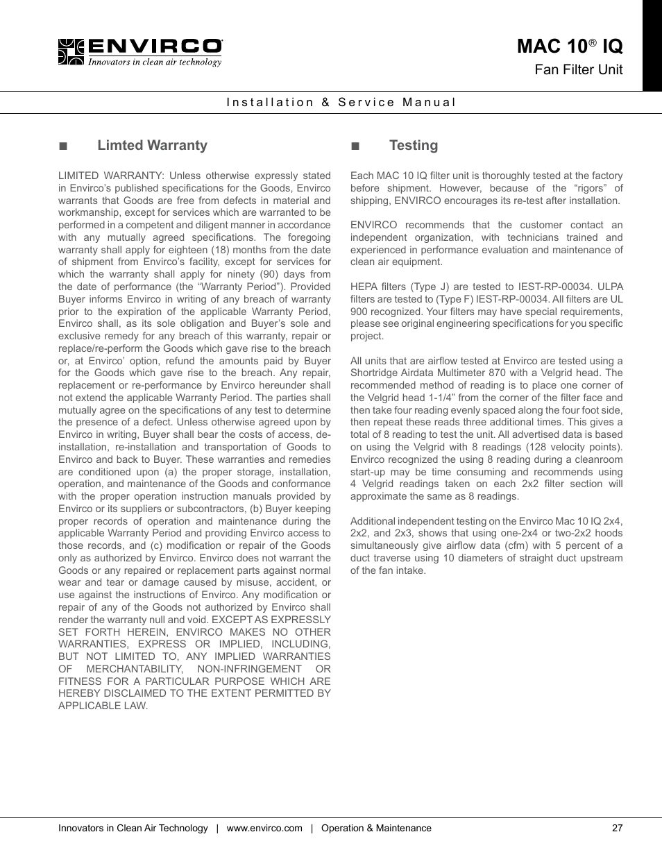 Mac 10, Fan filter unit, Limted warranty | Testing | Envirco MAC 10 IQ User Manual | Page 27 / 28