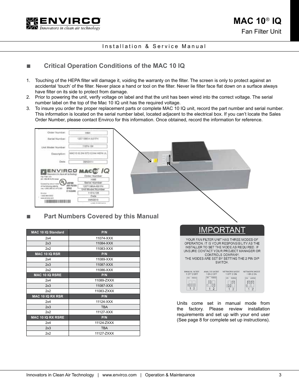 Mac 10, Fan filter unit, Critical operation conditions of the mac 10 iq | Part numbers covered by this manual | Envirco MAC 10 IQ User Manual | Page 3 / 28
