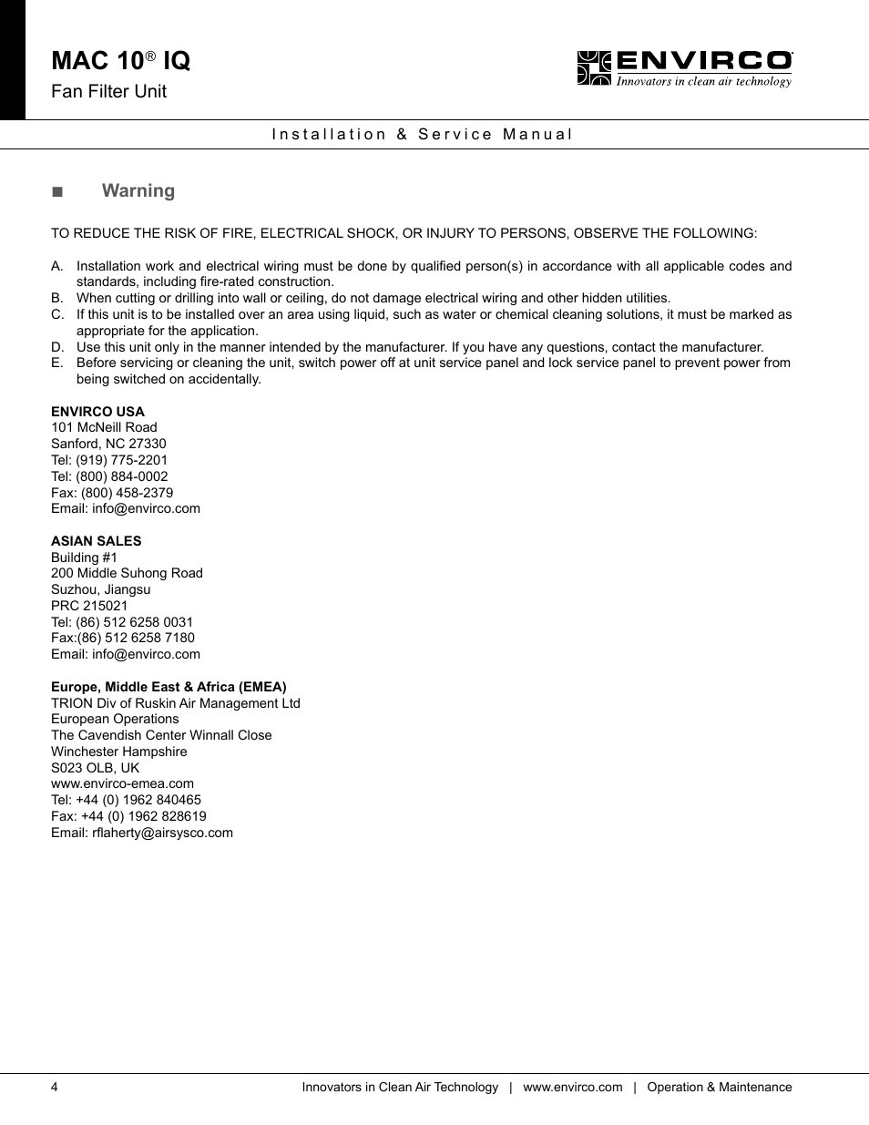 Mac 10, Fan filter unit, Warning | Envirco MAC 10 IQ User Manual | Page 4 / 28