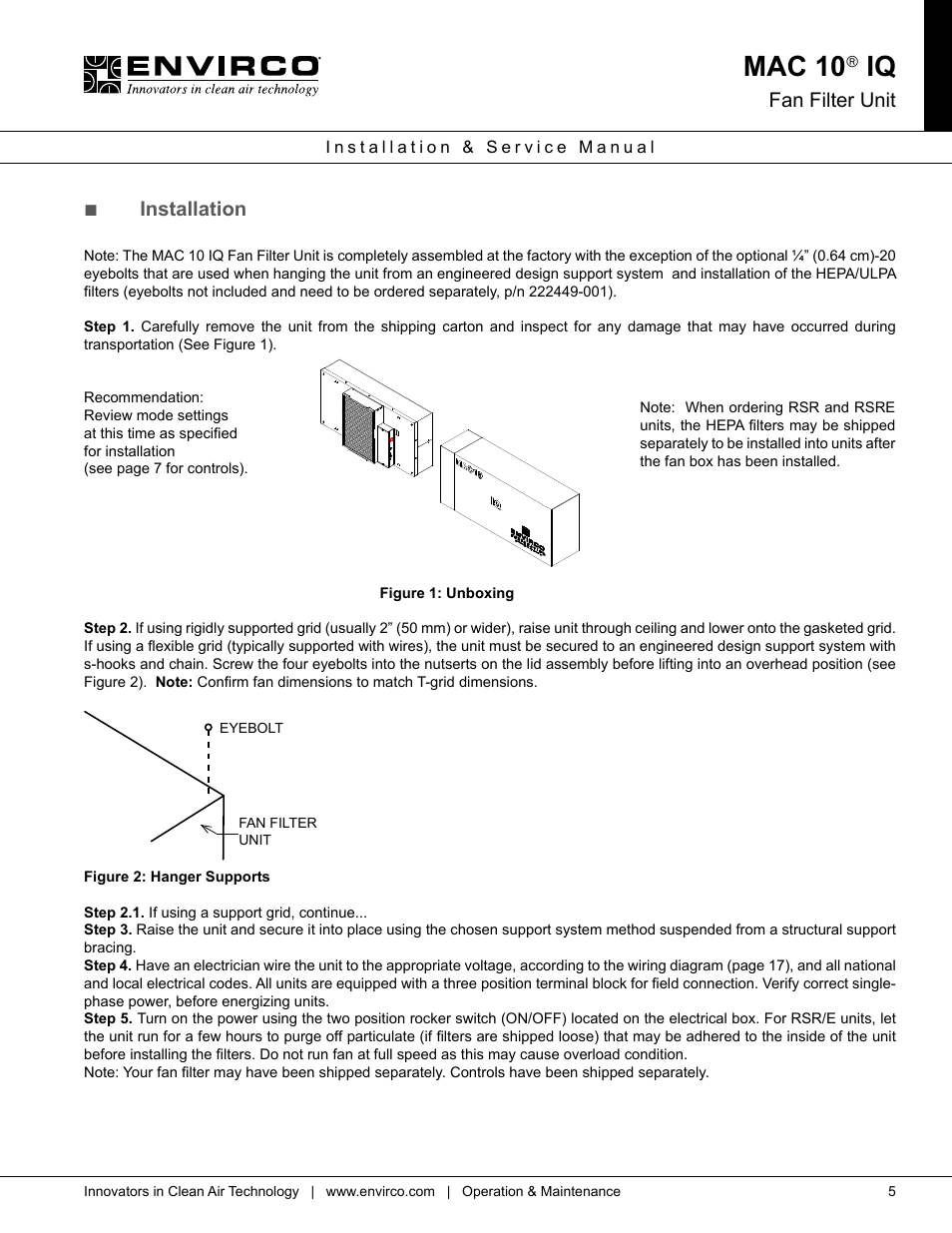Mac 10, Fan filter unit, Installation | Envirco MAC 10 IQ User Manual | Page 5 / 28