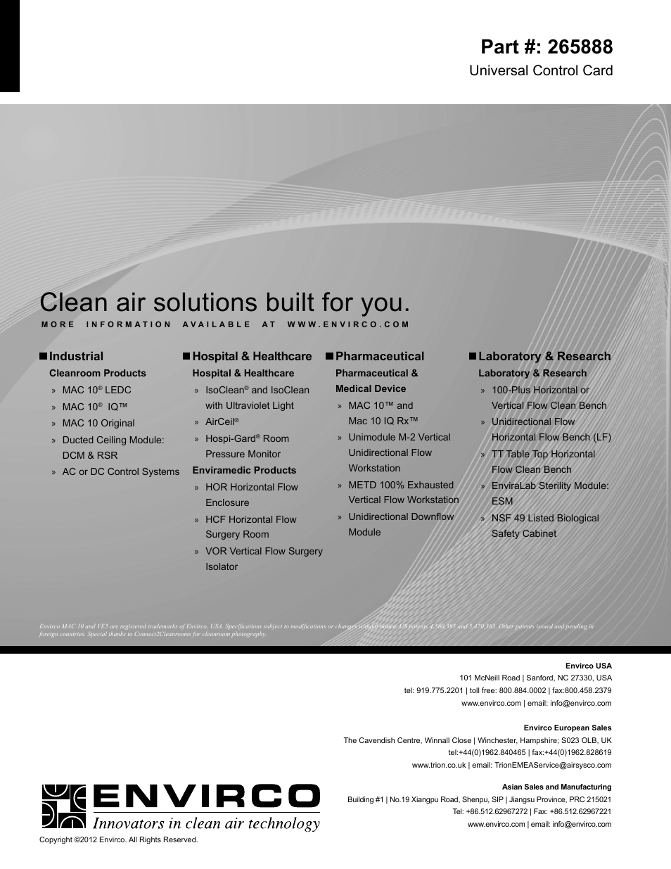 Clean air solutions built for you, Universal control card | Envirco Universal Control Card User Manual | Page 8 / 8