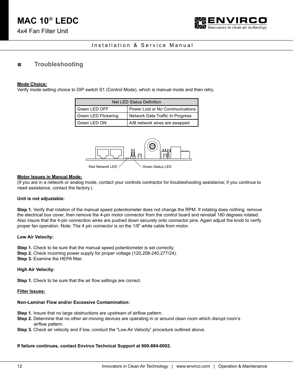 Mac 10, Ledc, 4x4 fan filter unit | Troubleshooting | Envirco MAC 10 LE-DC User Manual | Page 12 / 20