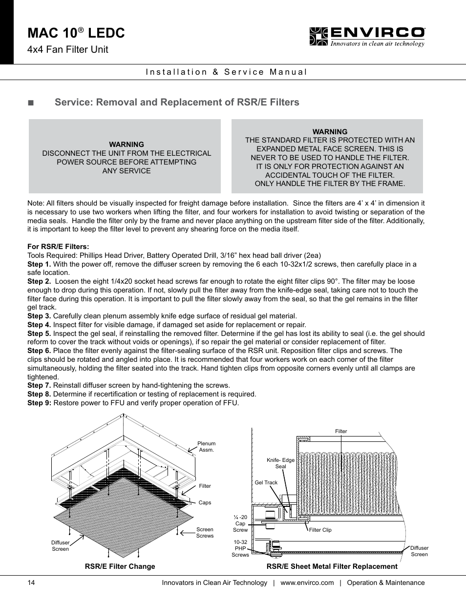 Mac 10, Ledc, 4x4 fan filter unit | Service: removal and replacement of rsr/e filters | Envirco MAC 10 LE-DC User Manual | Page 14 / 20