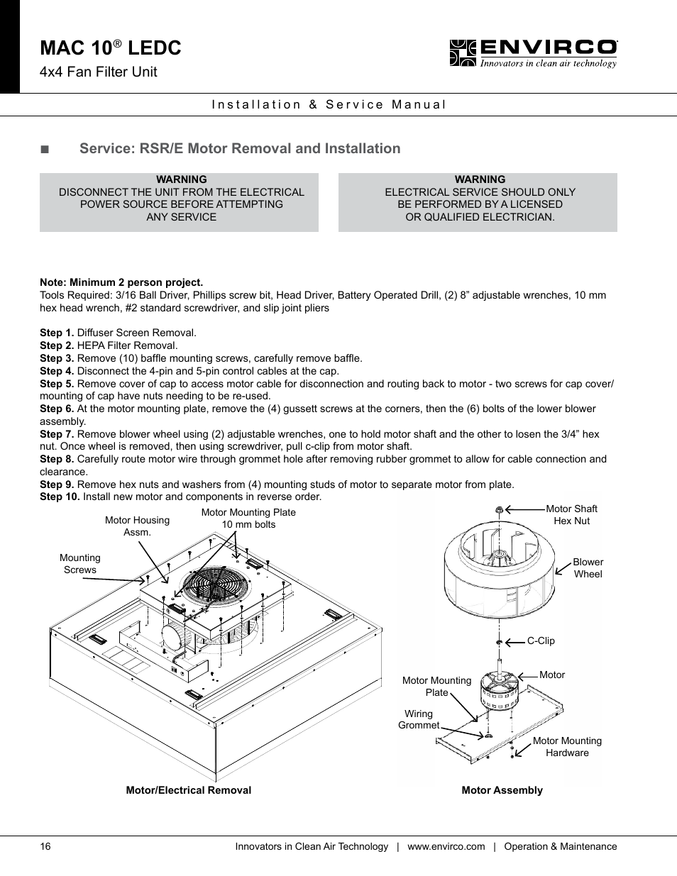 Mac 10, Ledc, 4x4 fan filter unit | Service: rsr/e motor removal and installation | Envirco MAC 10 LE-DC User Manual | Page 16 / 20