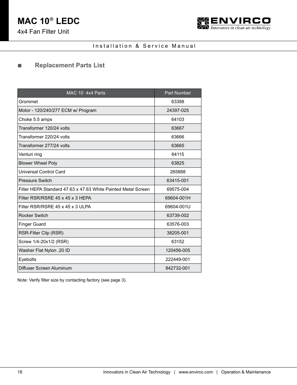 Mac 10, Ledc, 4x4 fan filter unit | Replacement parts list | Envirco MAC 10 LE-DC User Manual | Page 18 / 20