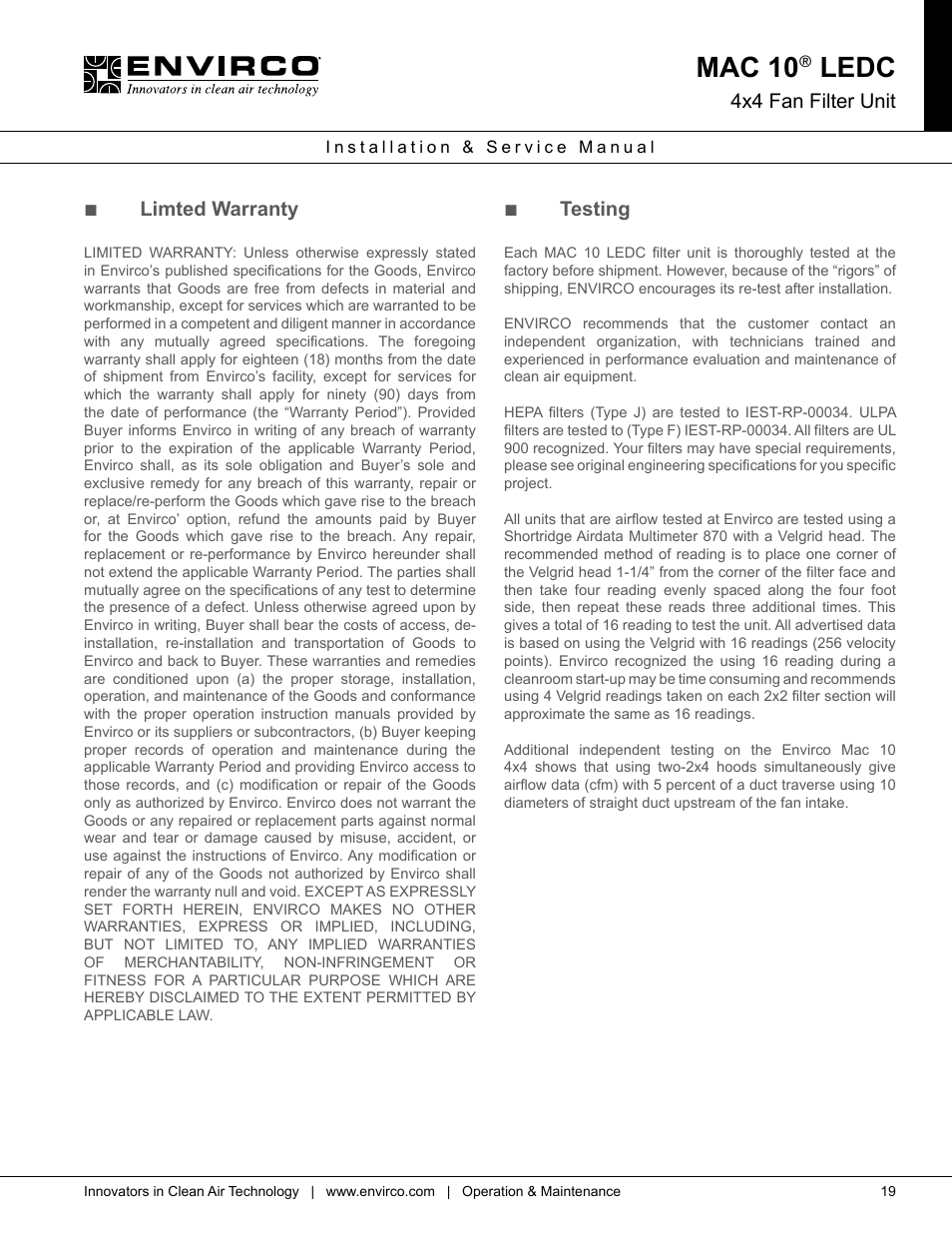 Mac 10, Ledc, 4x4 fan filter unit | Limted warranty, Testing | Envirco MAC 10 LE-DC User Manual | Page 19 / 20