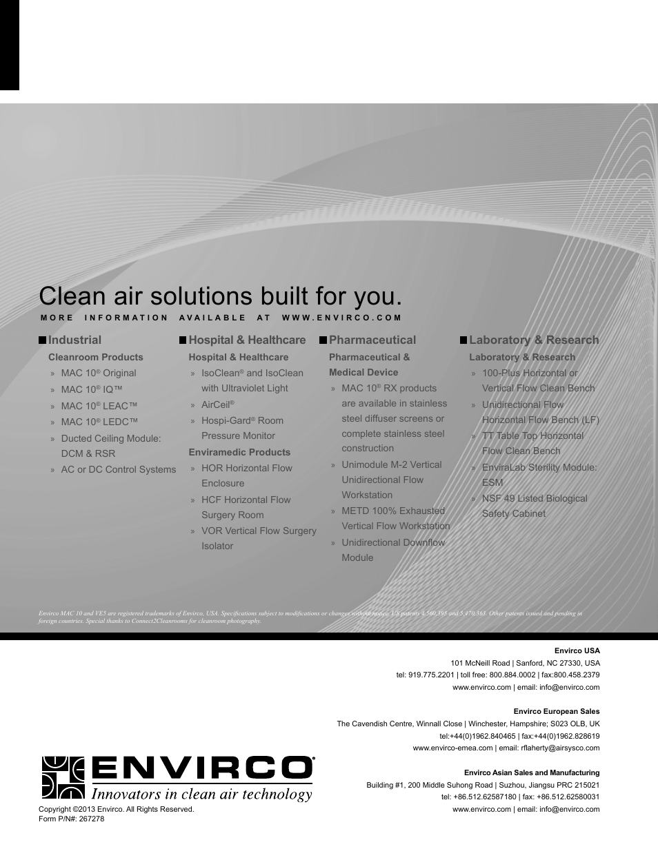 Clean air solutions built for you, Industrial, Hospital & healthcare | Pharmaceutical, Laboratory & research | Envirco MAC 10 LE-DC User Manual | Page 20 / 20