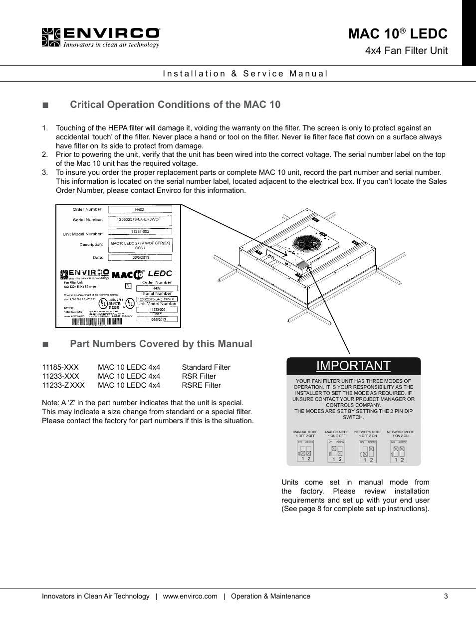 Mac 10, Ledc, 4x4 fan filter unit | Critical operation conditions of the mac 10, Part numbers covered by this manual | Envirco MAC 10 LE-DC User Manual | Page 3 / 20