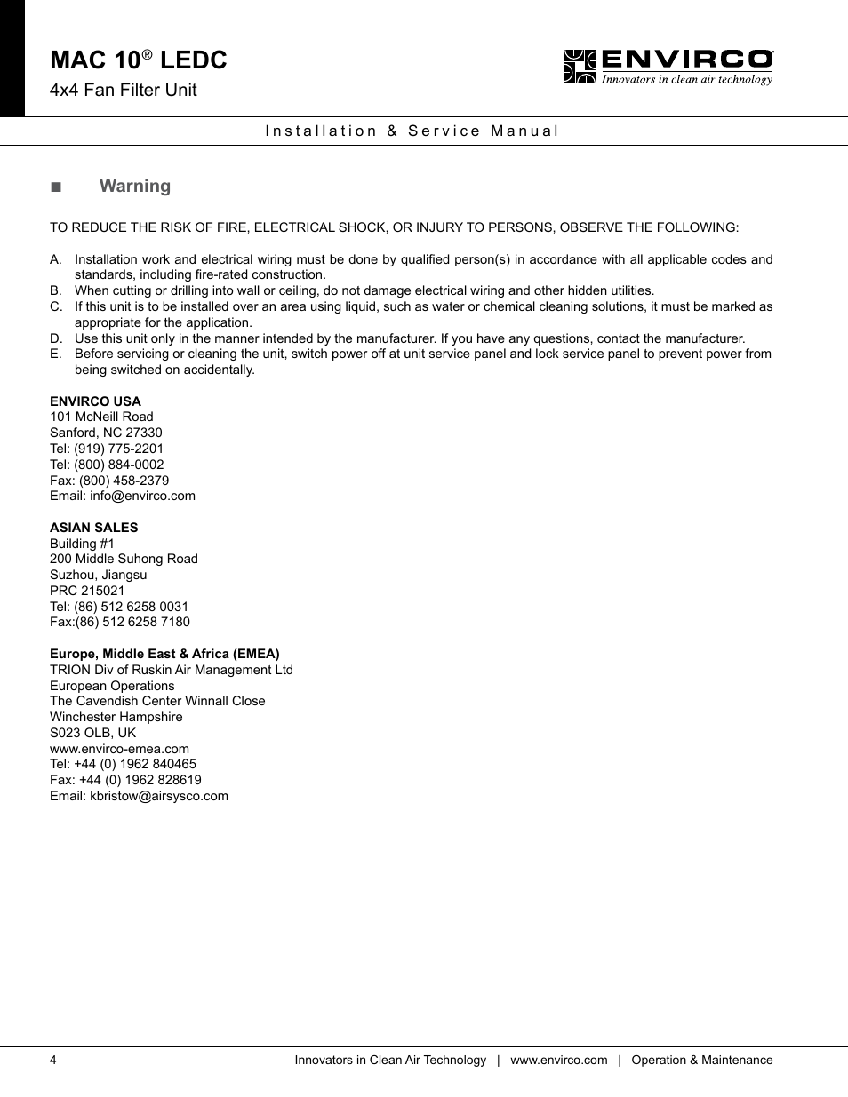 Mac 10, Ledc, 4x4 fan filter unit | Warning | Envirco MAC 10 LE-DC User Manual | Page 4 / 20