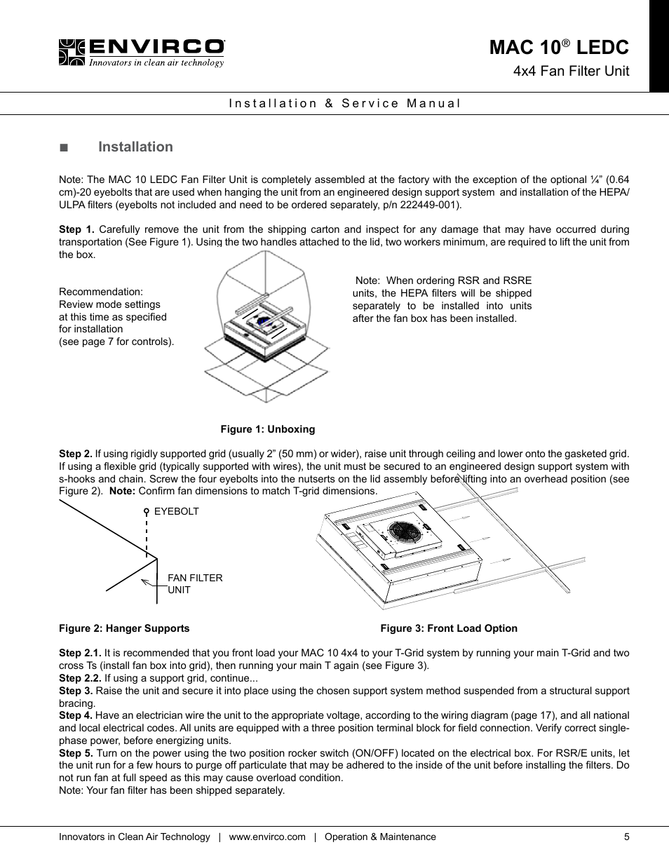 Mac 10, Ledc, 4x4 fan filter unit | Installation | Envirco MAC 10 LE-DC User Manual | Page 5 / 20