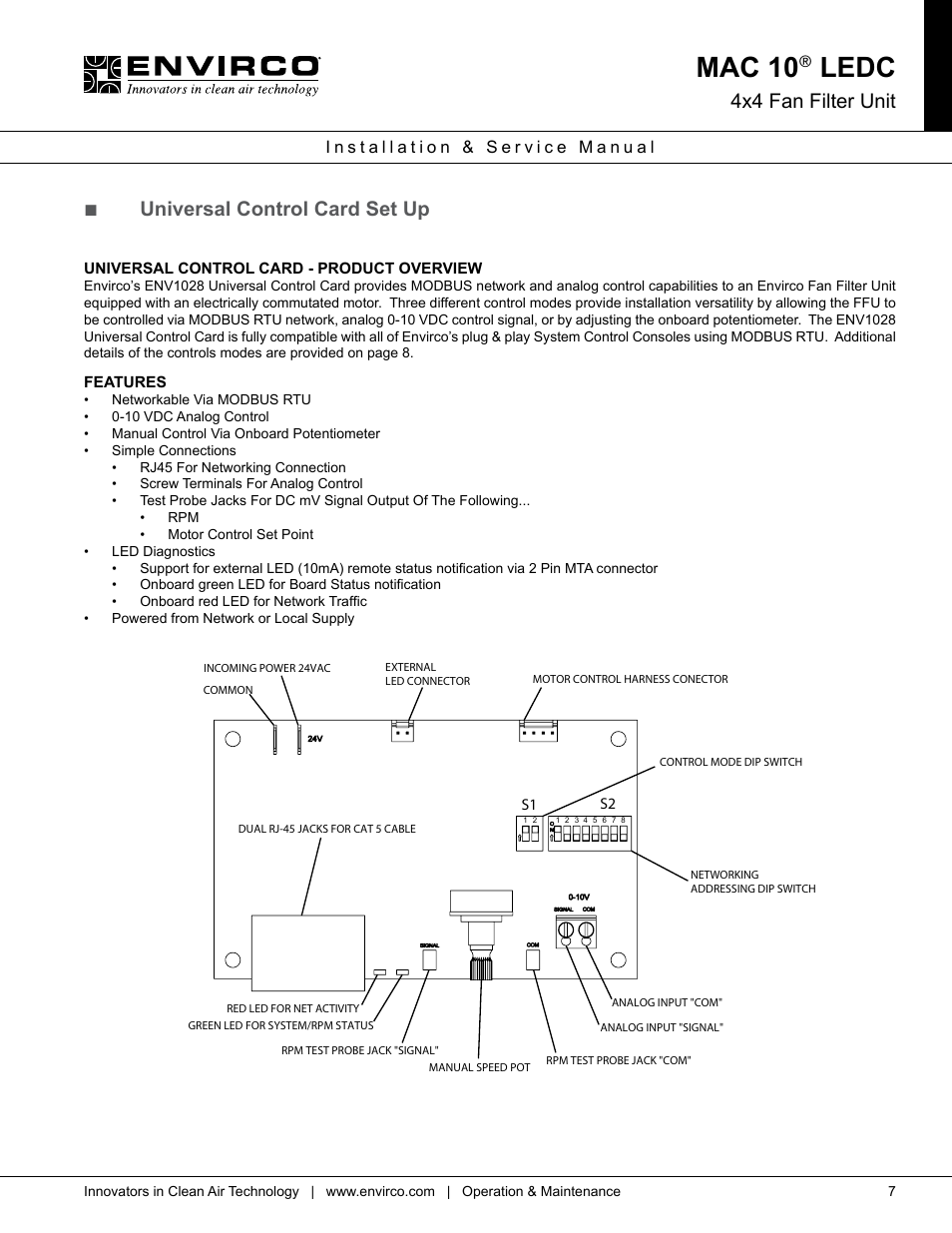 Mac 10, Ledc, 4x4 fan filter unit | Universal control card set up | Envirco MAC 10 LE-DC User Manual | Page 7 / 20