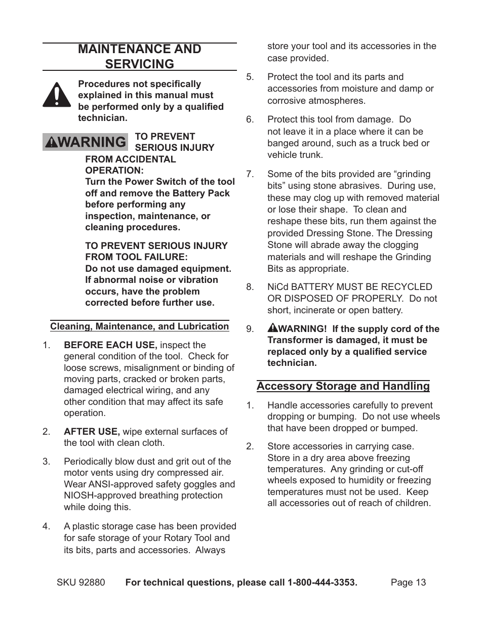 Maintenance and servicing | Chicago Electric 92880 User Manual | Page 13 / 16