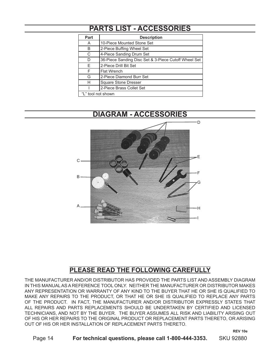 Parts list - accessories diagram - accessories, Please read the following carefully | Chicago Electric 92880 User Manual | Page 14 / 16