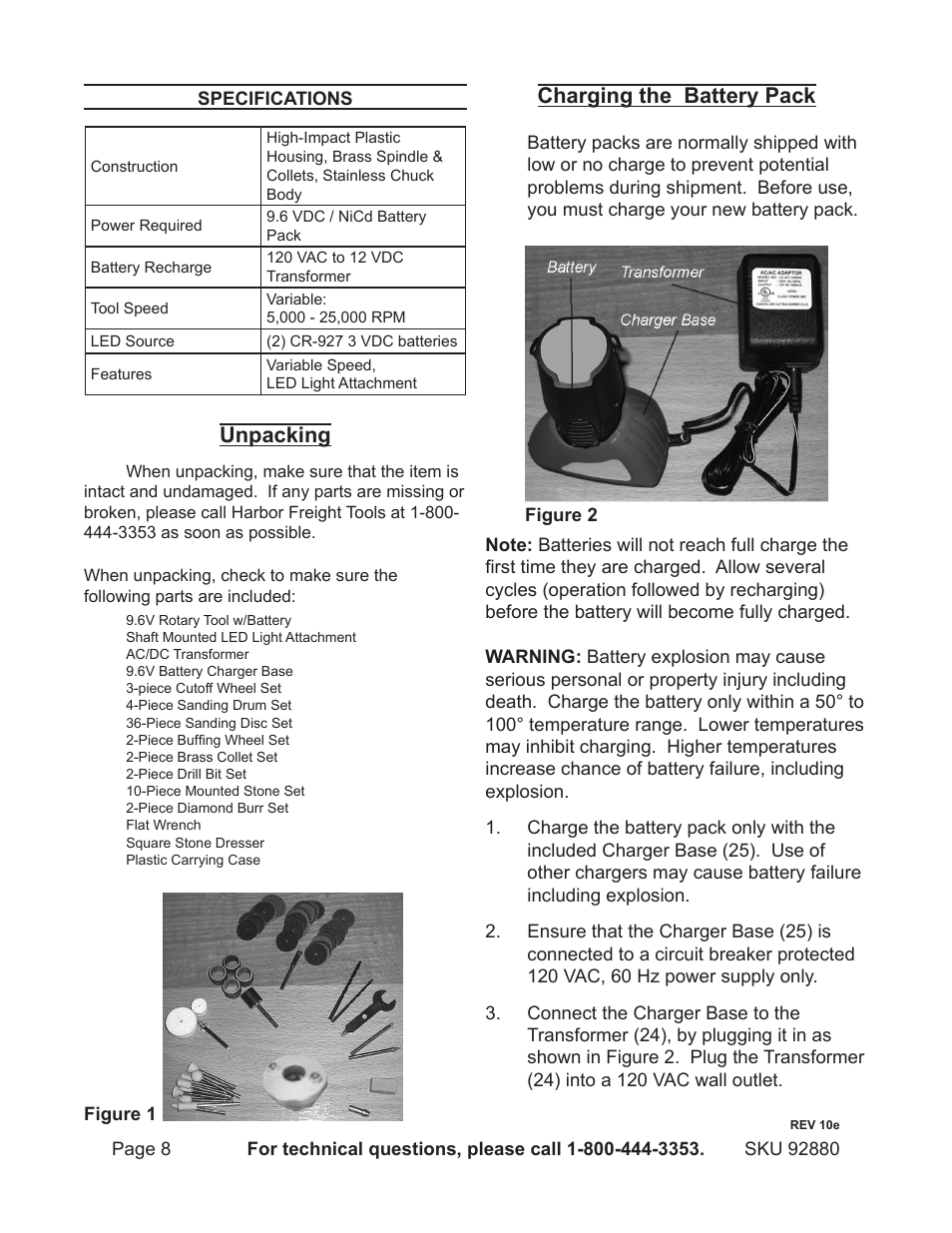 Unpacking, Charging the battery pack | Chicago Electric 92880 User Manual | Page 8 / 16