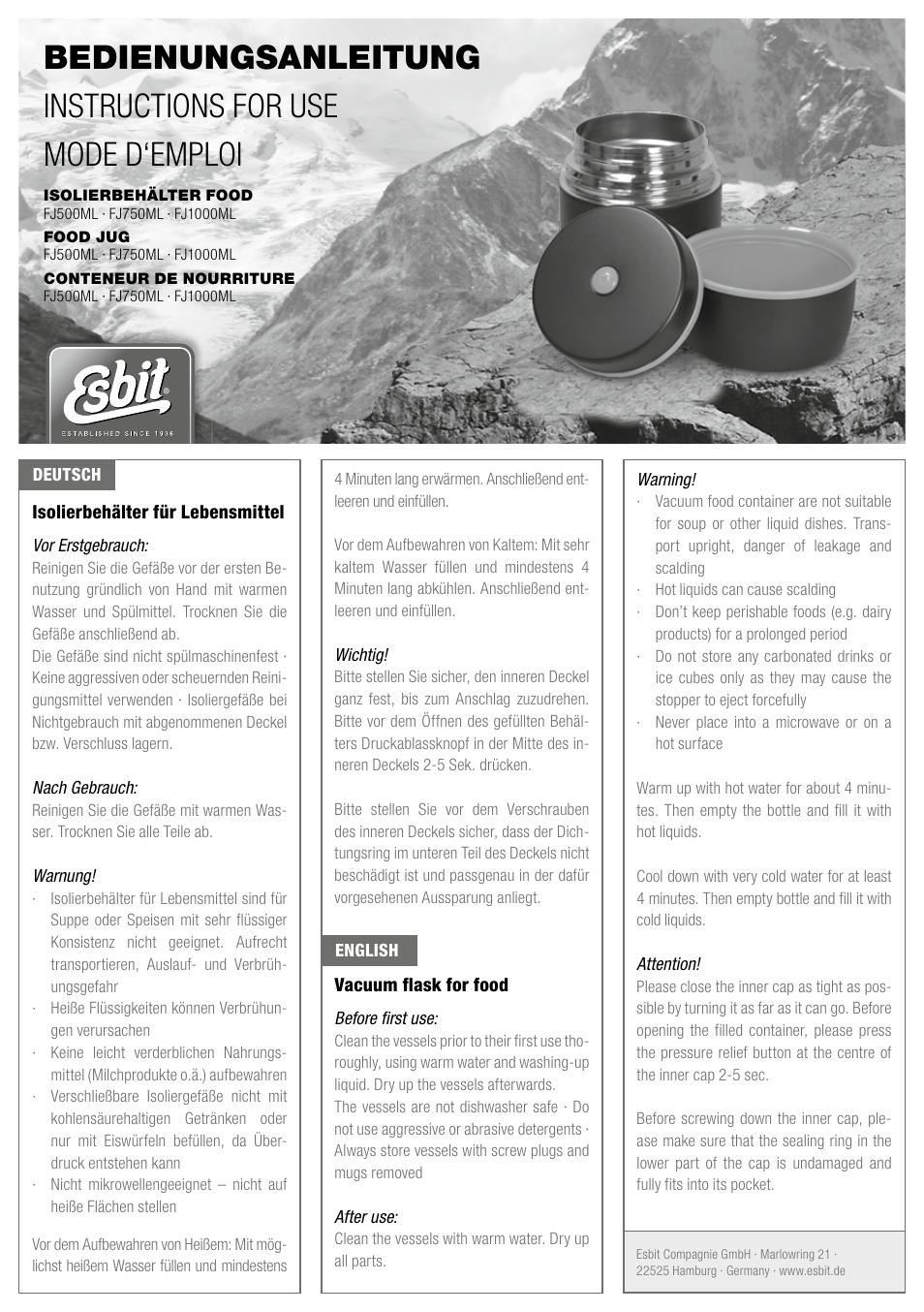 ESBIT FJ1000ML User Manual | 2 pages