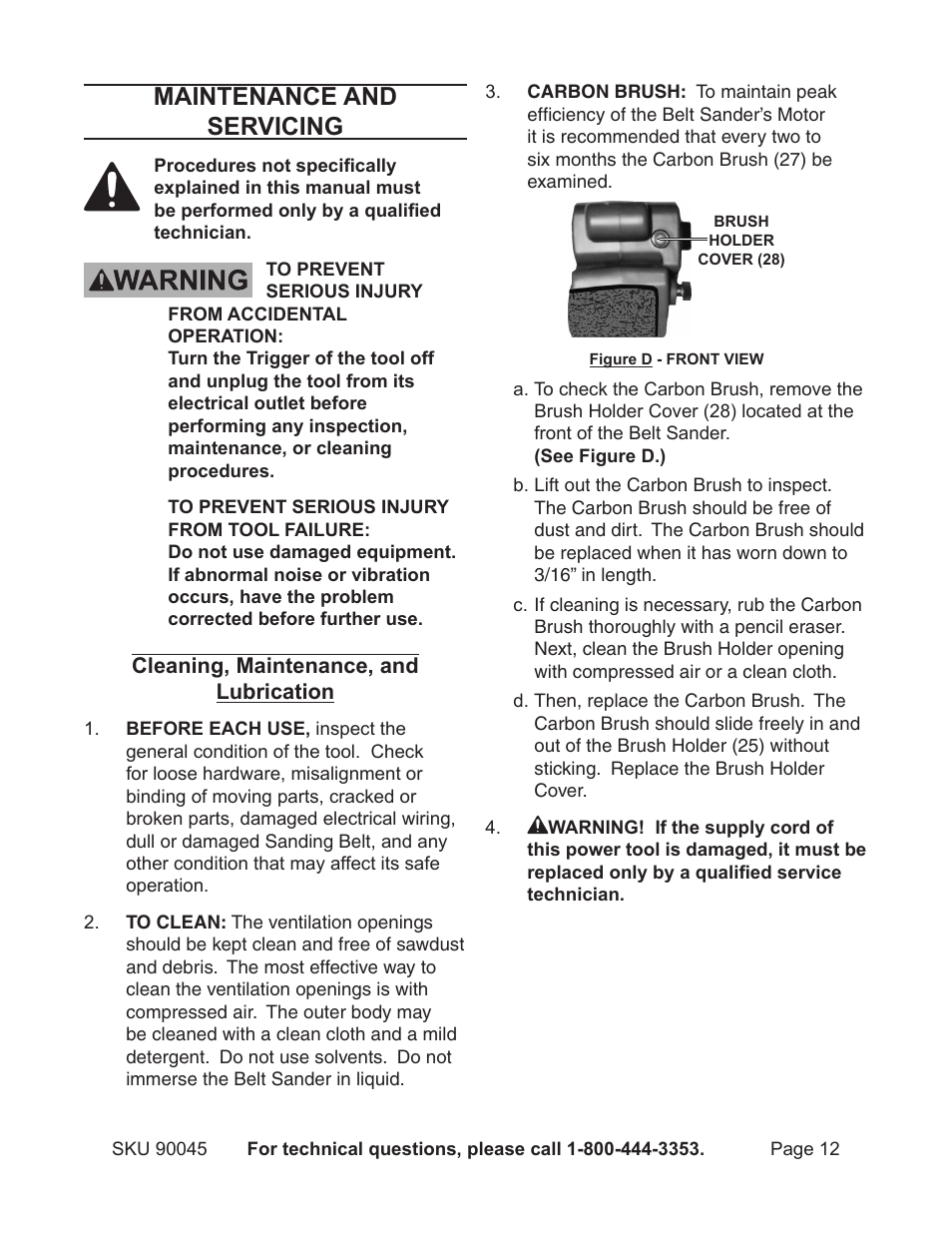 Maintenance and servicing | Chicago Electric Belt Sander 90045 User Manual | Page 12 / 16