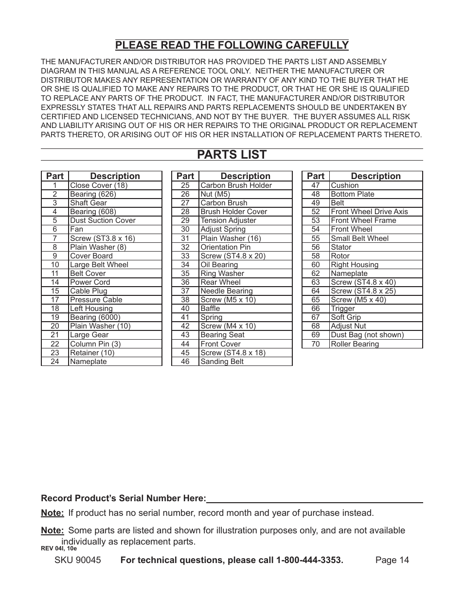 Parts list, Please read the following carefully | Chicago Electric Belt Sander 90045 User Manual | Page 14 / 16